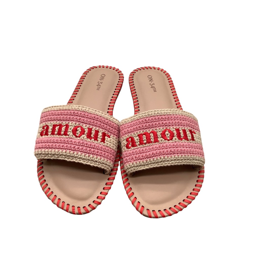 On 34th Women Amour Crochet Slide Sandals Pink Red Striped Flat Size 6.5M 37